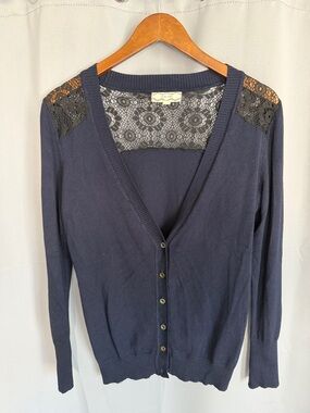 Pink Rose Navy Lace-Back V-Neck Cardigan